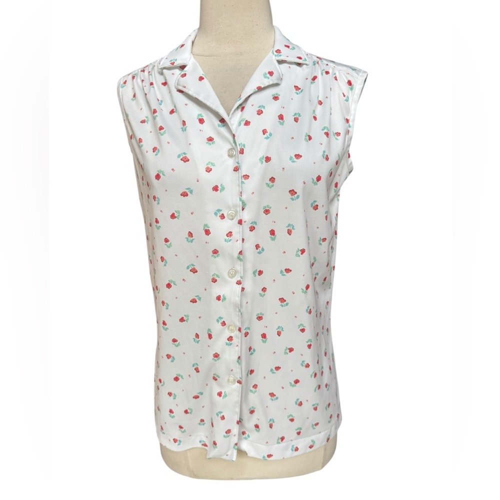 1970s Floral Print‎ Poly Sleeveless Button Down Shirt